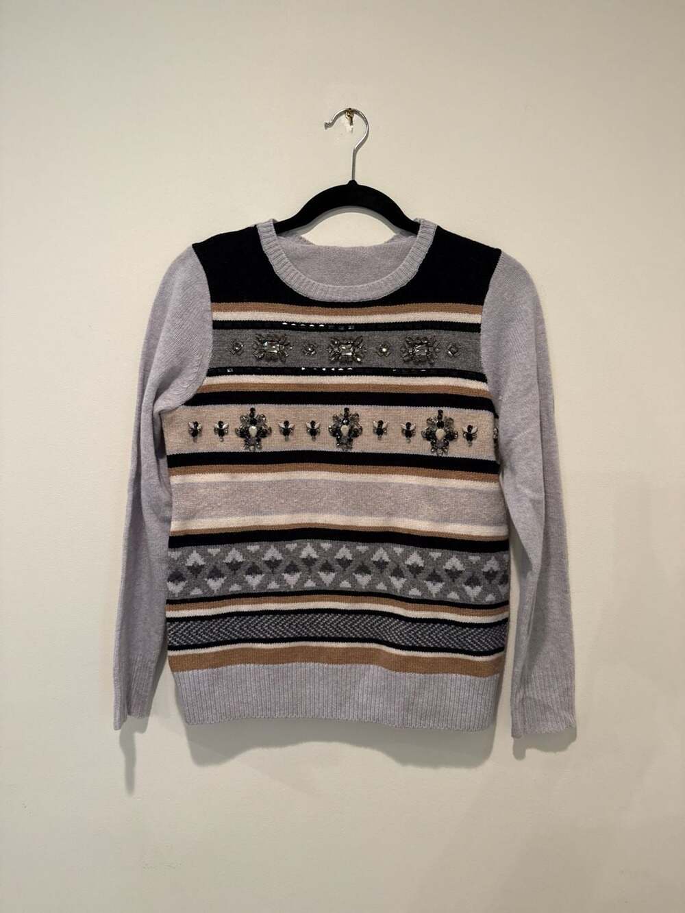 J.Crew Jeweled Fair Isle Striped Wool Sweater Size S